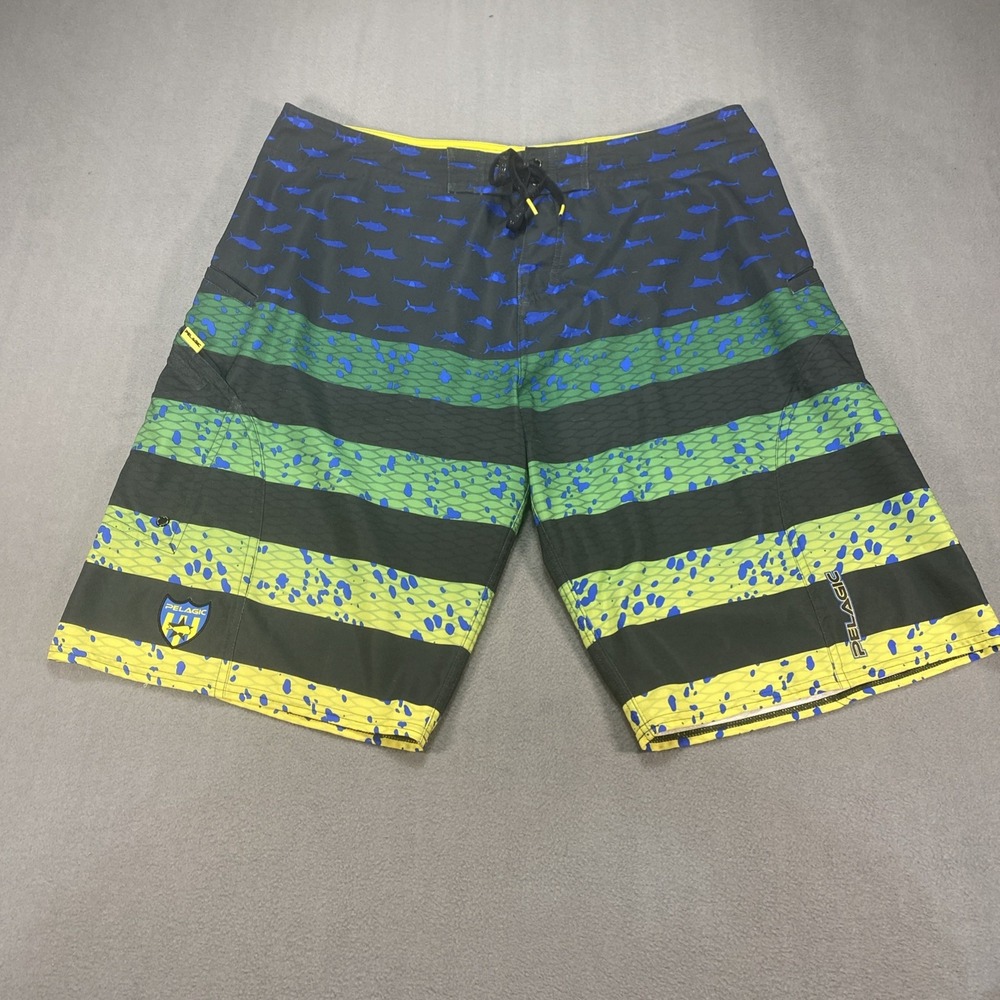 Pelagic Sharkskin Fishing Board Shorts Men 38 Black Blue Green Yellow